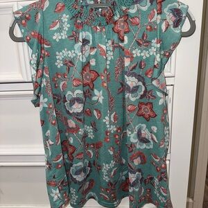 MELLODAY Teal Floral Smocked Neck Sleeveless Blouse with Coral Accents